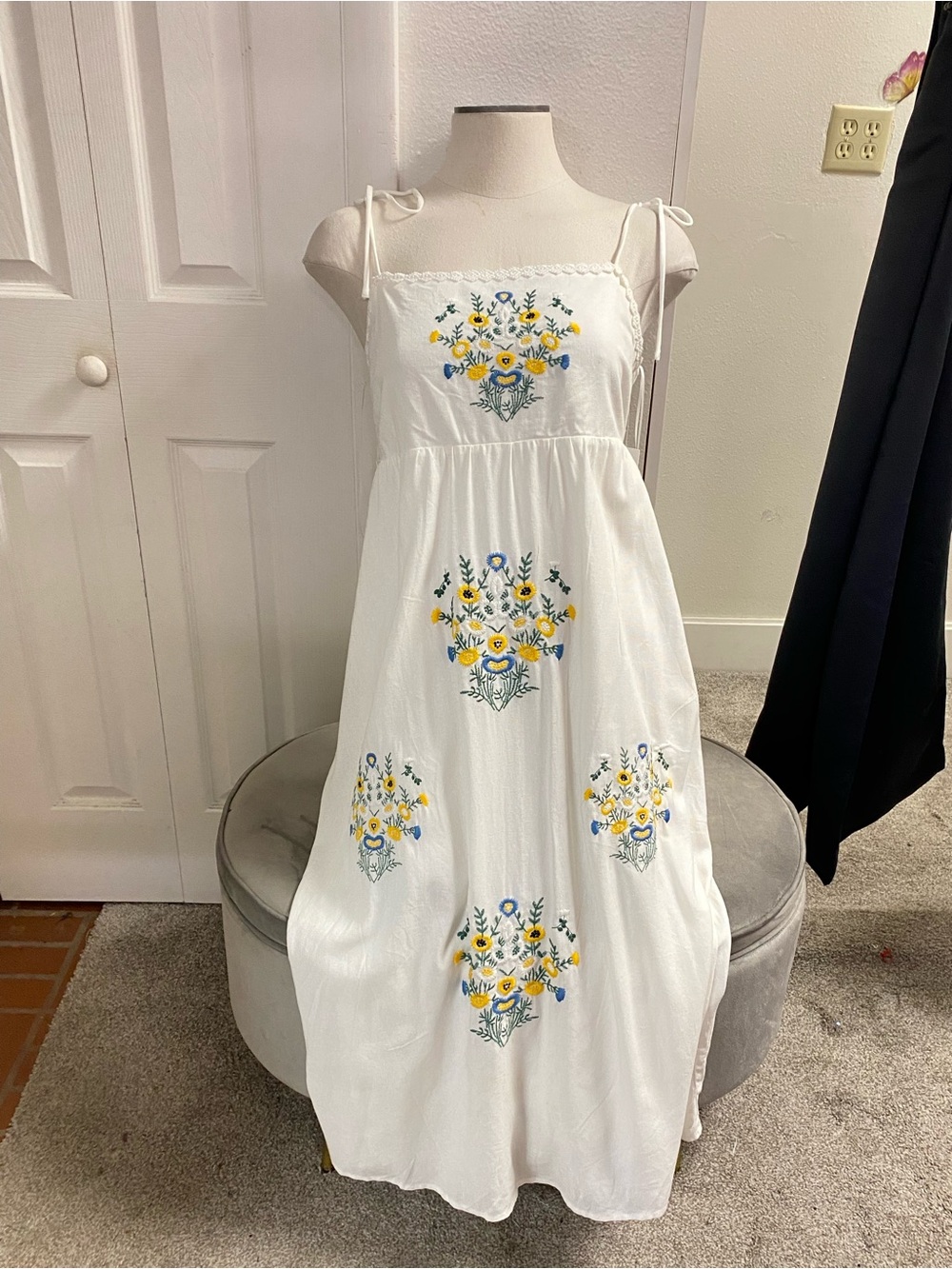 White Floral Embroidered Maxi Dress with Tie Straps